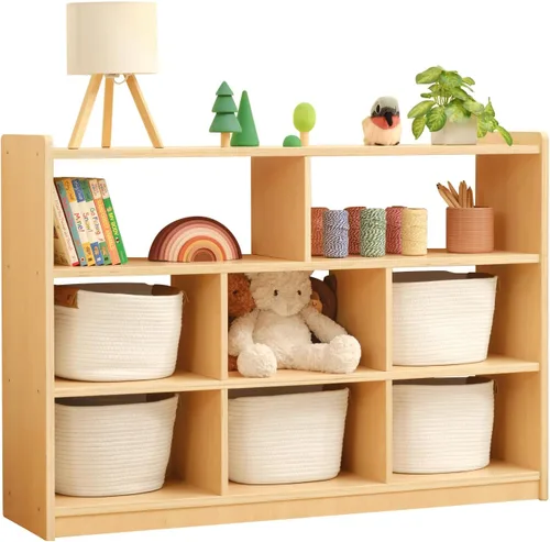 Miniatura 10 de OOOK Montessori - Estante para juguetes, 35.4 pulgadas de alto, organizador de almacenamiento de juguetes de 3 niveles con 8 cubos, armario