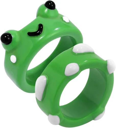 FORUBUS Juego de 2 anillos de resina con bonito diseño de rana de pollo, hongos, lindos anillos apilables de animales para mujeres y niñas, Metal