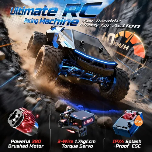 Miniatura 3 de DEERC 1/18 Auto RC de Carreras y Deriva Rápida Todo Terreno, camión de control remoto de 40 KM/H con carcasa futurista, ruedas de deriva extra