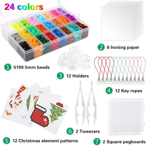 Miniatura 2 de AUGSUN Kit de cuentas de fusibles de Navidad, 5100 unidades + 24 colores para manualidades, juego de cuentas de fusión para niños, 12 estilos