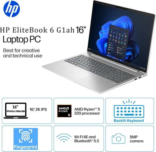 Miniatura 2 de HP EliteBook 6 G1a AI PC Laptop empresarial de 16 pulgadas AMD Ryzen 5 220 32 GB DDR5 RAM SSD de 1 TB Pantalla antirreflejo WUXGA Lector