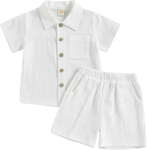 Hoanselay Conjunto de pantalones cortos de lino de algodón para bebé, color sólido, manga corta, con botones, camiseta y pantalones cortos, ropa de