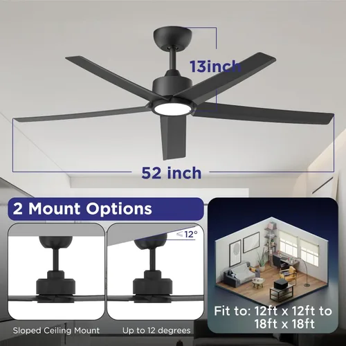 Miniatura 6 de ocioc Ventiladores de techo con luces, ventilador de techo negro de 52 pulgadas con luz y control remoto, 3CCT, motor CC silencioso, ventilador