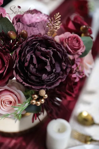 Miniatura 7 de Serwalin Flores artificiales de color borgoña, rosas artificiales de seda rosas en color rosa falso para ramos de boda, centros de mesa y arreglos