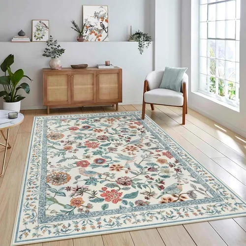 Miniatura 17 de Rugalia Alfombra de pasillo floral azul, alfombra lavable de 2 x 6 pies para pasillos, antideslizante, suave, de pelo bajo, con flores, pájaros, Rosa