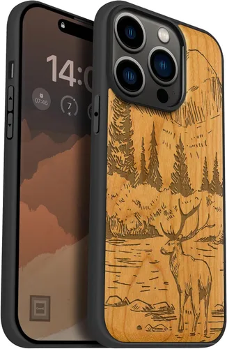 Carveit Funda magnética de madera para iPhone 14 Pro, madera natural y TPU suave negro, funda protectora a prueba de golpes, funda de madera única,