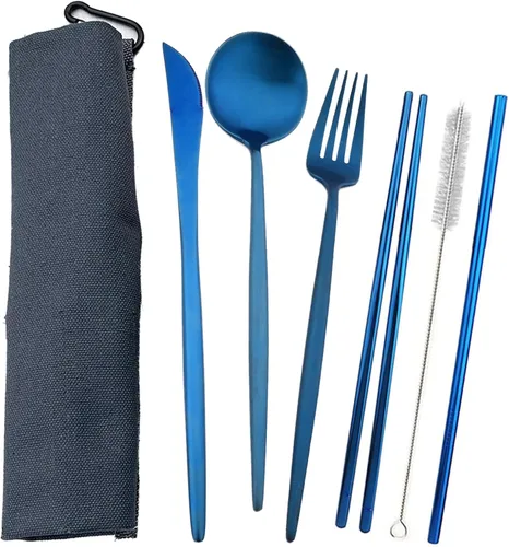 Miniatura 20 de JASHII El juego de cubiertos de viaje incluye cuchillo reutilizable, tenedor, cuchara, palillos, pajilla, utensilios ecológicos, utensilios de Azul