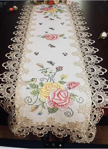 Miniatura 3 de AMT - Camino de mesa de lino bordado con punto de cruz floral de Venecia - Beige/Blanco (Beige, 12 x 18 OB.)