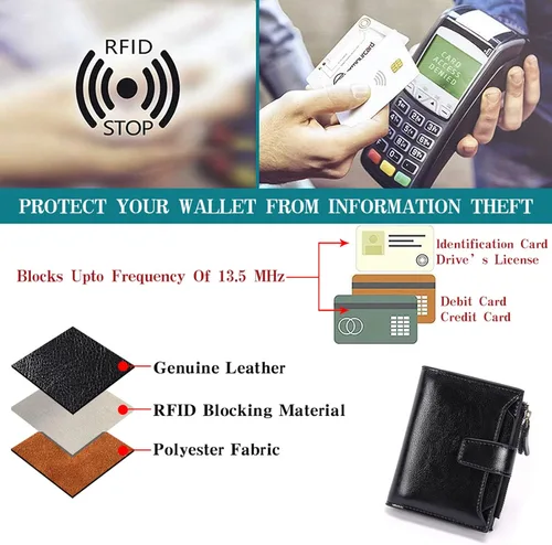 Miniatura 6 de FALAN MULE - Cartera de cuero auténtico para mujer, pequeña plegable , compacta, con interferencia de radiofrecuencia (RFID)