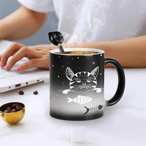 Miniatura 8 de Tazas únicas para gatos, tazas de café que cambian de color de 11 onzas – The Fish is Delicious – Taza de Halloween con tapa negra y cuchara