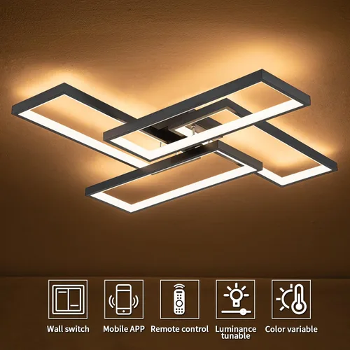 Miniatura 9 de Shine LUEST Modernas luces LED de techo para dormitorio, 26 pulgadas, regulables, cuadradas, para sala de estar, con control remoto, lámpara negra
