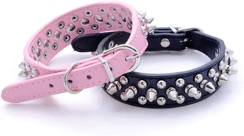 Miniatura 5 de Dogs Kingdom Collar de piel suave con remaches y picos de piel suave, hebilla ajustable, para perros pequeños, medianos y grandes, color rosa, XXS