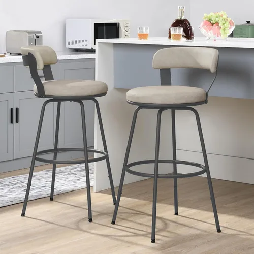Miniatura 10 de Juego de 2 taburetes de bar de 24 pulgadas, taburetes giratorios de cuero con respaldo, color beige