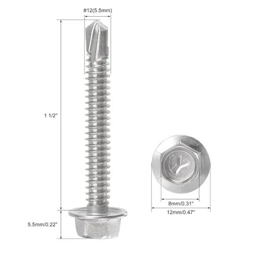 Miniatura 2 de uxcell Tornillos autoperforantes con cabeza de arandela hexagonal, #12 x 1 1/2 "410 Tornillo de chapa autoperforante de acero inoxidable 410, 50
