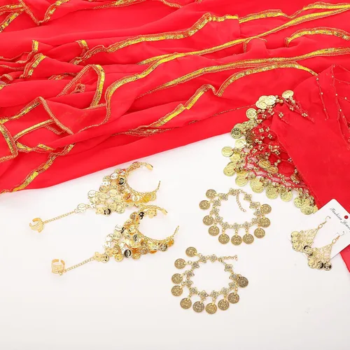 Miniatura 19 de Haysandy Conjunto de 8 piezas de danza del vientre para mujer, falda de danza del vientre, bufanda de cadera, 2 pulseras, aretes, pulsera de tobillo