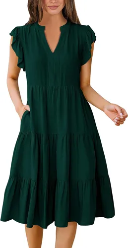 Miniatura 25 de ANRABESS Vestido de verano para mujer, manga con volantes, cuello en V, vestido midi a la moda, casual, holgado, escalonado, bohemio, playa