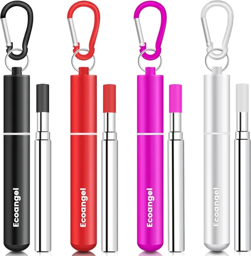 Miniatura 8 de Ecoangel Cruise Ship Essentials, paquete de 4 popotes plegables reutilizables de acero inoxidable con estuche de aluminio, cepillo de limpieza
