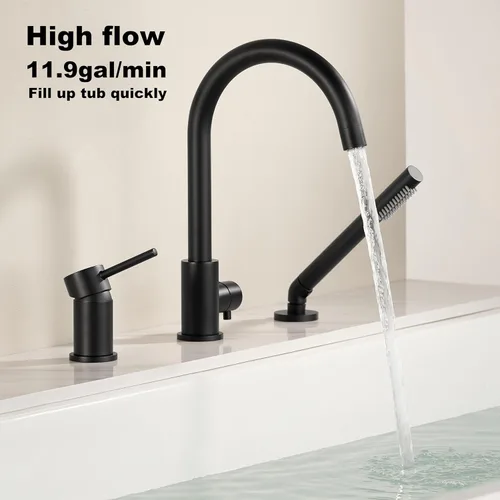 Miniatura 2 de Grifo de bañera de montaje en cubierta negro con rociador, grifos de bañera de alto flujo, grifo de baño de latón con mango montado en la ducha