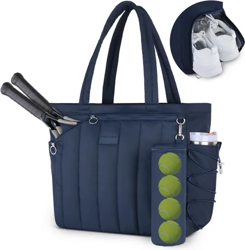 Miniatura 8 de Bolsa acolchada de tenis para mujer, bolsa de lona para gimnasio con compartimento para zapatos y bolsillo húmedo, se adapta de 2 a 4 raquetas y Rosa