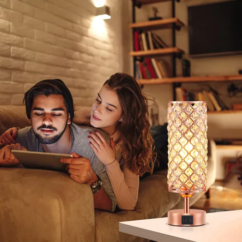 Miniatura 4 de Lámpara de mesa de cristal Hong-in - Control táctil regulable en 3 vías, lámpara de cabecera de oro rosa con puertos USB C y A, luz de mesita