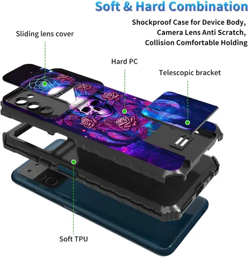 Miniatura 1173 de Funda para Samsung Galaxy S22 Ultra 5G, Galaxy S22 Ultra con cubierta de cámara deslizante, funda resistente de doble capa con función atril Black