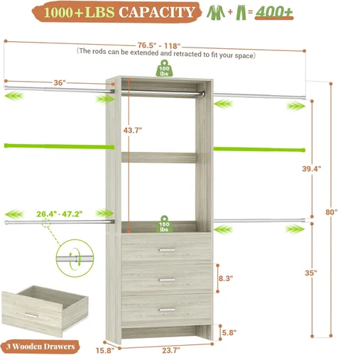 Miniatura 7 de Aheaplus Sistema de Armario, Organizador de Armario con 3 Cajones de Madera, Sistema Organizador de Armario, Armario Vestidor Walk-in con Perchero