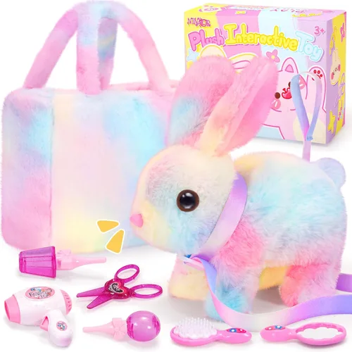 NINAOR Juguetes interactivos de peluche para niños con bolsas de mano, conejo robot de peluche con correa que salta y orejas que se mueven, juguetes