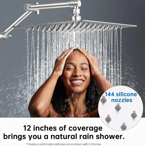Miniatura 2 de G-Promise Regadera de lluvia de metal de 12 pulgadas con brazo de extensión ajustable de 15 pulgadas, cabezal de ducha de lluvia de alta presión