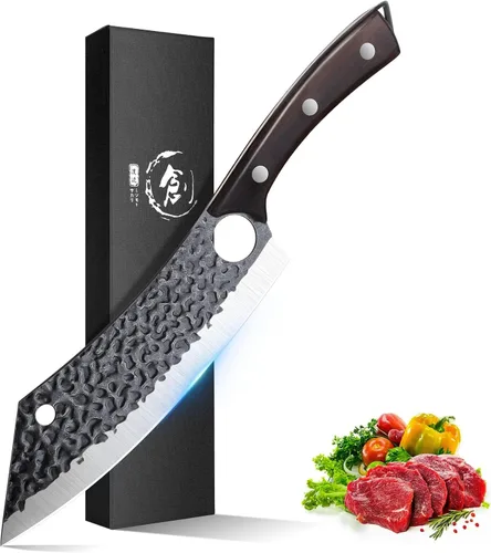 Cuchillo de cocina Purple Dragon de 8 pulgadas, cuchillo de carnicero japonés ultra afilado para cortar carne y vegetales con orificio para el dedo,