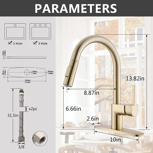 Miniatura 5 de Grifo de cocina dorado con rociador extraíble, grifo de fregadero de cocina extraíble de una sola manija de 1 y 3 agujeros con placa de cubierta