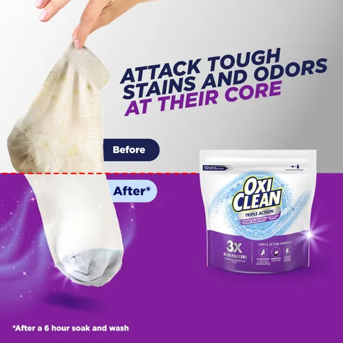 Miniatura 6 de OxiClean Polvo removedor de olores y manchas de triple acción, uso con detergente, elimina olores difíciles y elimina manchas, color seguro y sin