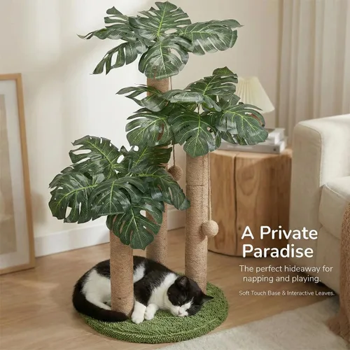 Miniatura 6 de LEMONDA Poste rascador para gatos de 31.5 pulgadas, árbol rascador para gatos con 3 postes rascadores y 2 bolas interactivas colgantes, postes