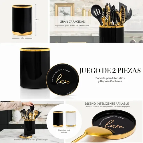 Miniatura 6 de STYLED SETTINGS Soporte para utensilios de cocina negro y dorado con soporte de cuchara integrado, 2 soportes grandes de cerámica para utensilios