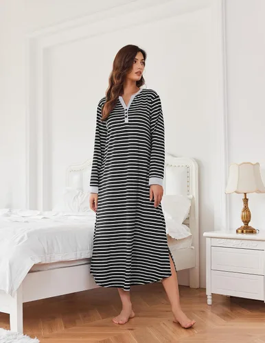 Miniatura 3 de Ekouaer Camisón largo para mujer con cuello en V, ropa de dormir de longitud completa con bolsillos