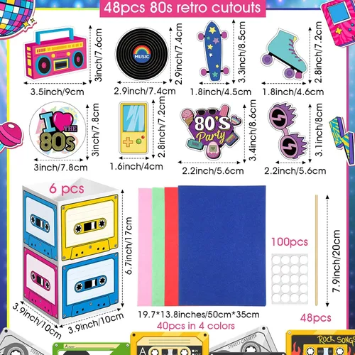 Miniatura 2 de 6 juegos de decoraciones retro de los años 80 para fiestas de los 80, centros de mesa retro de hip hop con caja de cinta de casete recortes y palos