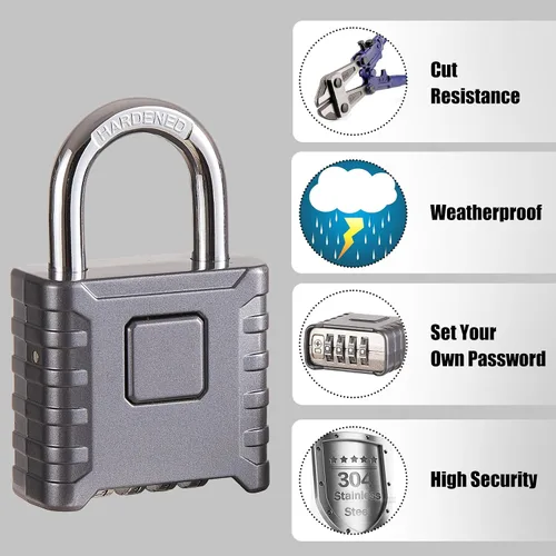 Miniatura 4 de 1 cerradura de combinación de 4 dígitos resistente, desbloqueo con un toque, función antierror, candado grande impermeable de alta seguridad
