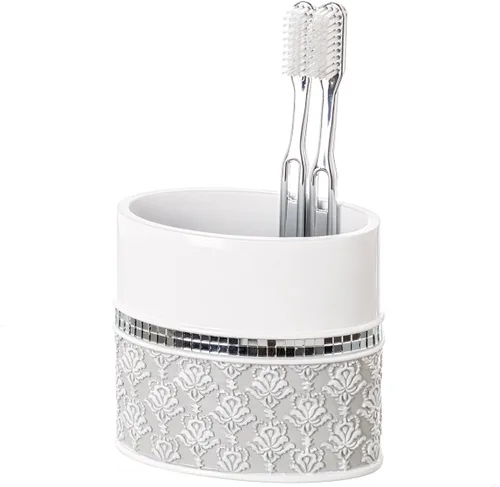Miniatura 12 de Creative Scents Juego completo de accesorios de baño de damasco de espejo, juego de baño decorativo de 4 piezas blanco y gris incluye: dispensador
