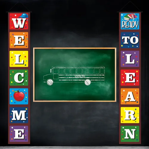 Miniatura 6 de Cartel de bienvenida de regreso a la escuela para el primer día de escuela, decoración colgante listo para aprender, decoración de telón de fondo
