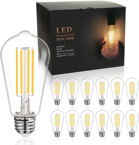 Miniatura 9 de BORT Paquete de 6 bombillas LED vintage ST58 resistentes a las roturas, blanco cálido 2700 K, bombillas Edison regulables de 6 W, equivalente a 60