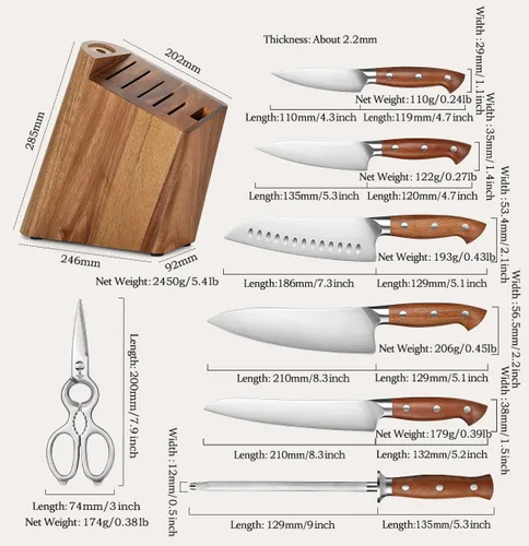 Miniatura 2 de HEZHEN Juego de 8 piezas de cuchillos de cocina con bloque, juego de cuchillos de acero alemán DIN 1.4116 con bloque y afilador, tijera de cocina
