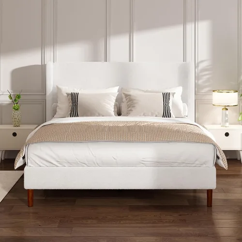 Miniatura 10 de Marco de cama Full Boucle, cama de plataforma con cabecera tapizada con respaldo de ala, fuerte soporte de listones de madera, sin ruido, no Beige