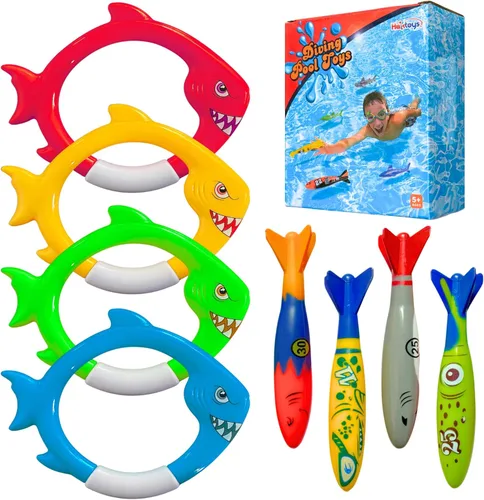 Miniatura 4 de Haktoys Anillos de buceo de tiburón y juguetes de piscina de torpedos para niños y niños pequeños, juguetes de buceo para entrenamiento de natación