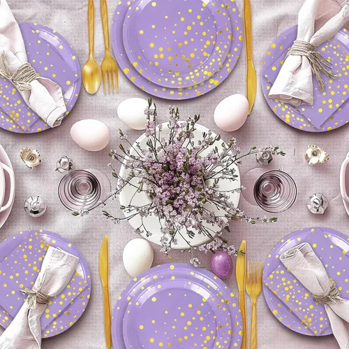 Miniatura 6 de Whaline Juego de vajilla de lavanda de 175 piezas de papel de aluminio morado con puntos dorados, platos de papel, servilletas y tazas para 25
