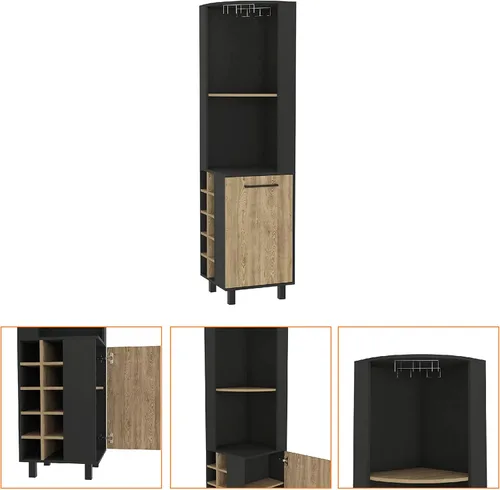 Miniatura 6 de FM FURNITURE Leah Armario esquinero para bar con 2 estantes abiertos, 2 estantes interiores, estante de vidrio y 10 cubos de vino, negro/pino