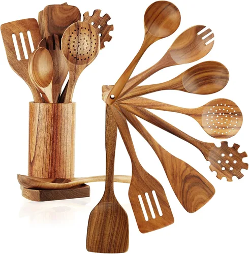 Miniatura 11 de Espátula de madera, espátula ranurada, cucharón de sopa, juego de utensilios de mango largo, hecho a mano para utensilios de cocina