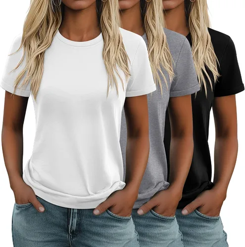Miniatura 6 de Huukeay Paquete de 3 camisetas de algodón para mujer, estilo casual, de manga corta, cuello redondo, ajuste holgado, básica, lisa