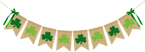 CAVLA Cartel de arpillera de trébol con purpurina para el día de San Patricio, guirnalda de trébol verde con lazos, decoración de fiesta del día de
