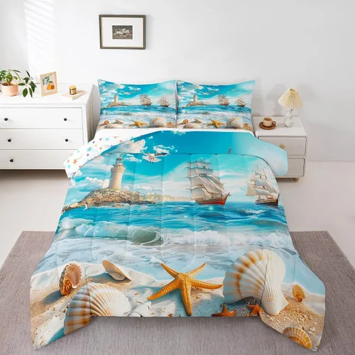 Castle Fairy Juego de edredón de verano para niños, tamaño individual, diseño náutico reversible con diseño náutico de estrellas de mar, barco y Azul