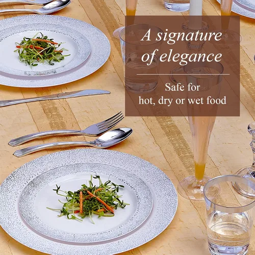 Miniatura 6 de Elegante juego de vajilla desechable de 240 piezas, 120 platos llanos, 120 platos laterales, aspecto de porcelana, para bodas y cenas de lujo