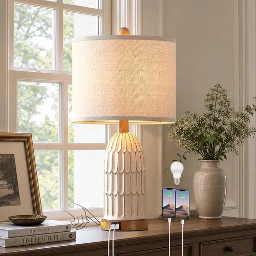 Cinkeda Touch Table Lamp for Bedroom Nightstand, Cream Farmhouse Vintage Rustic 3-Way Dimmable Bedside Lamps with 2 USB Charging Ports,Single Cream
